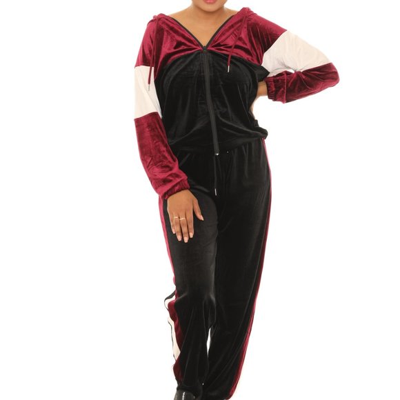 Color Block Pocket Velvet Hoodie & Drawstring Joggers - Picture 2 of 6